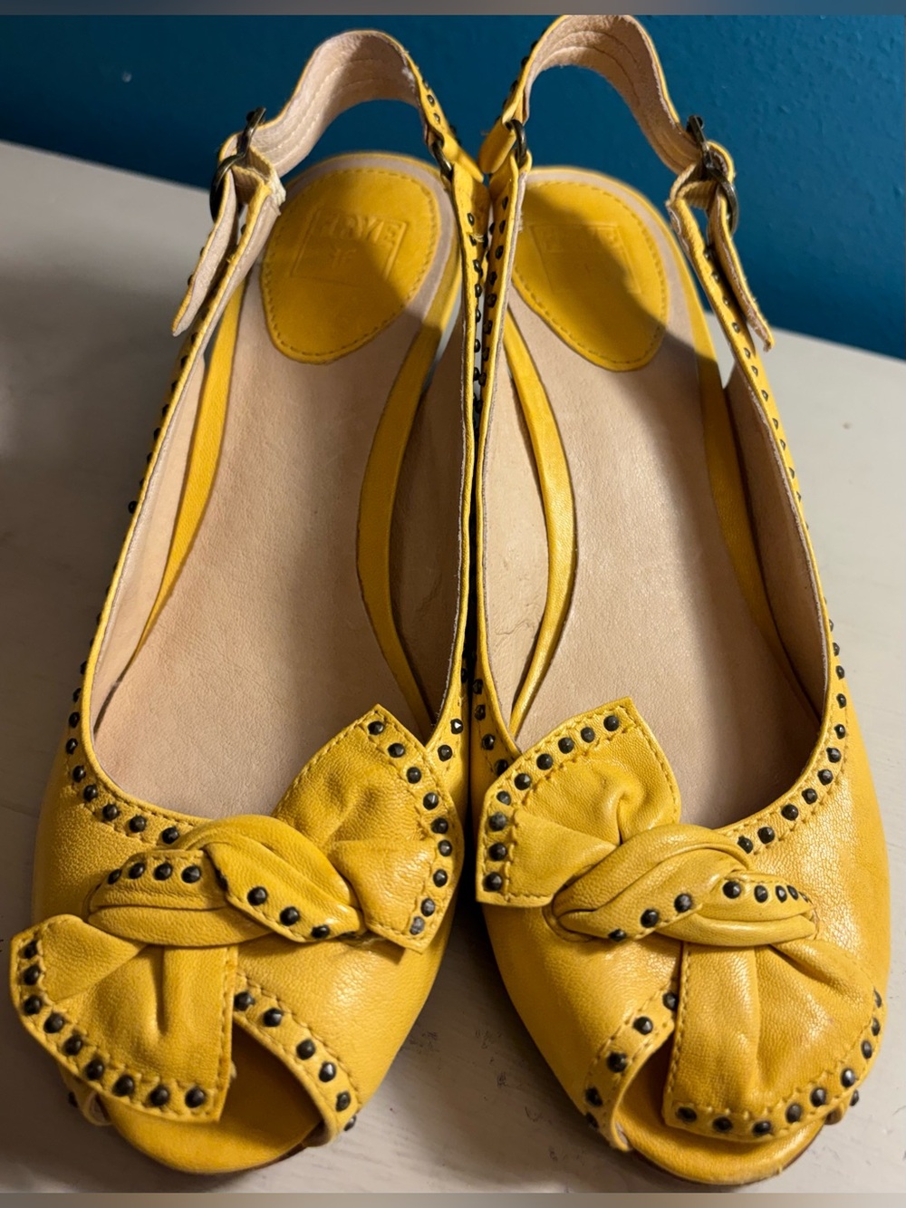 Frye VINTAGE Yellow Peep-Toe Slingback 3” Heel w Knot Accent & Metal Stud Detail